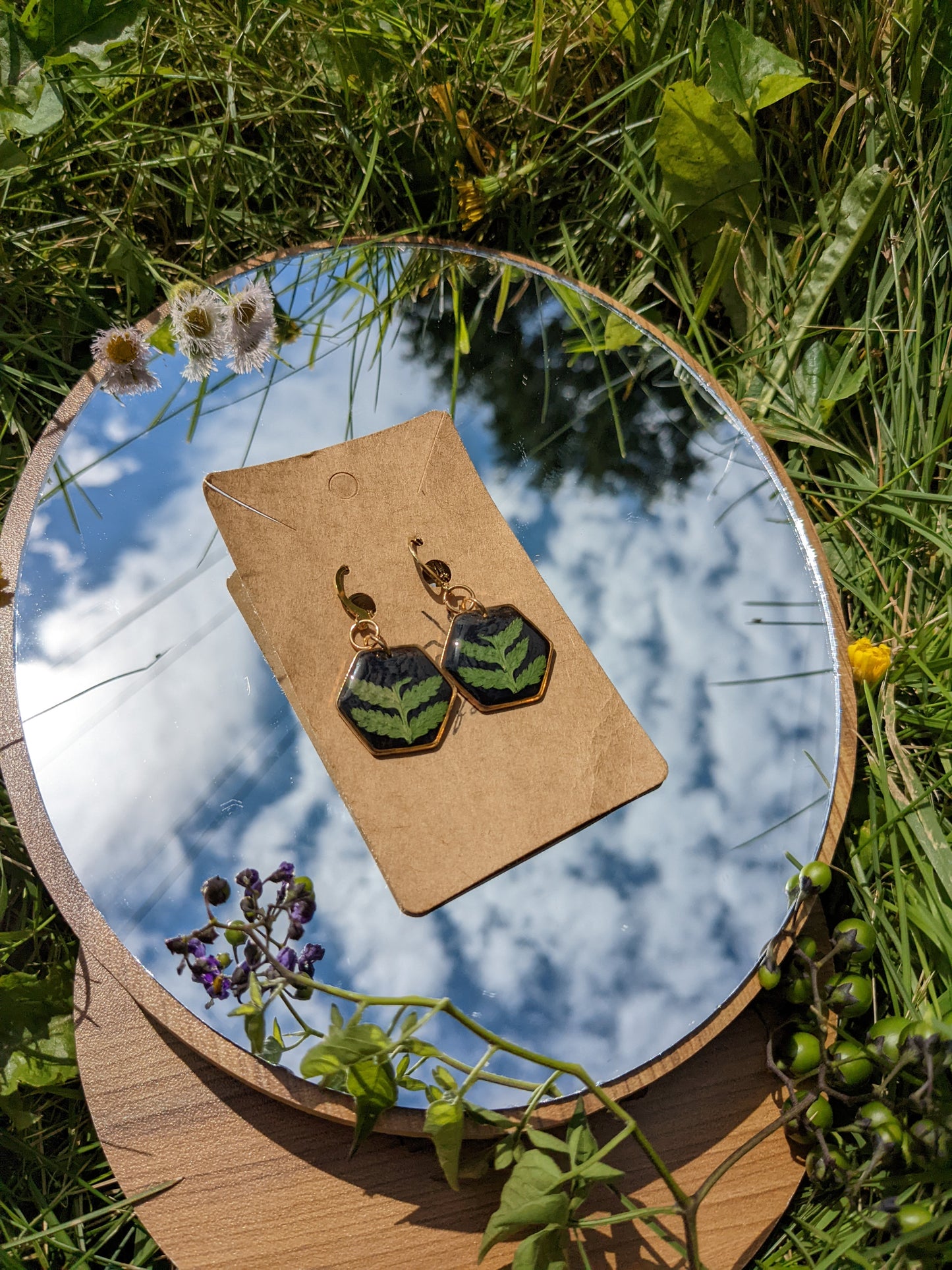 Boucles d'oreilles en véritable fougère sur fond noir