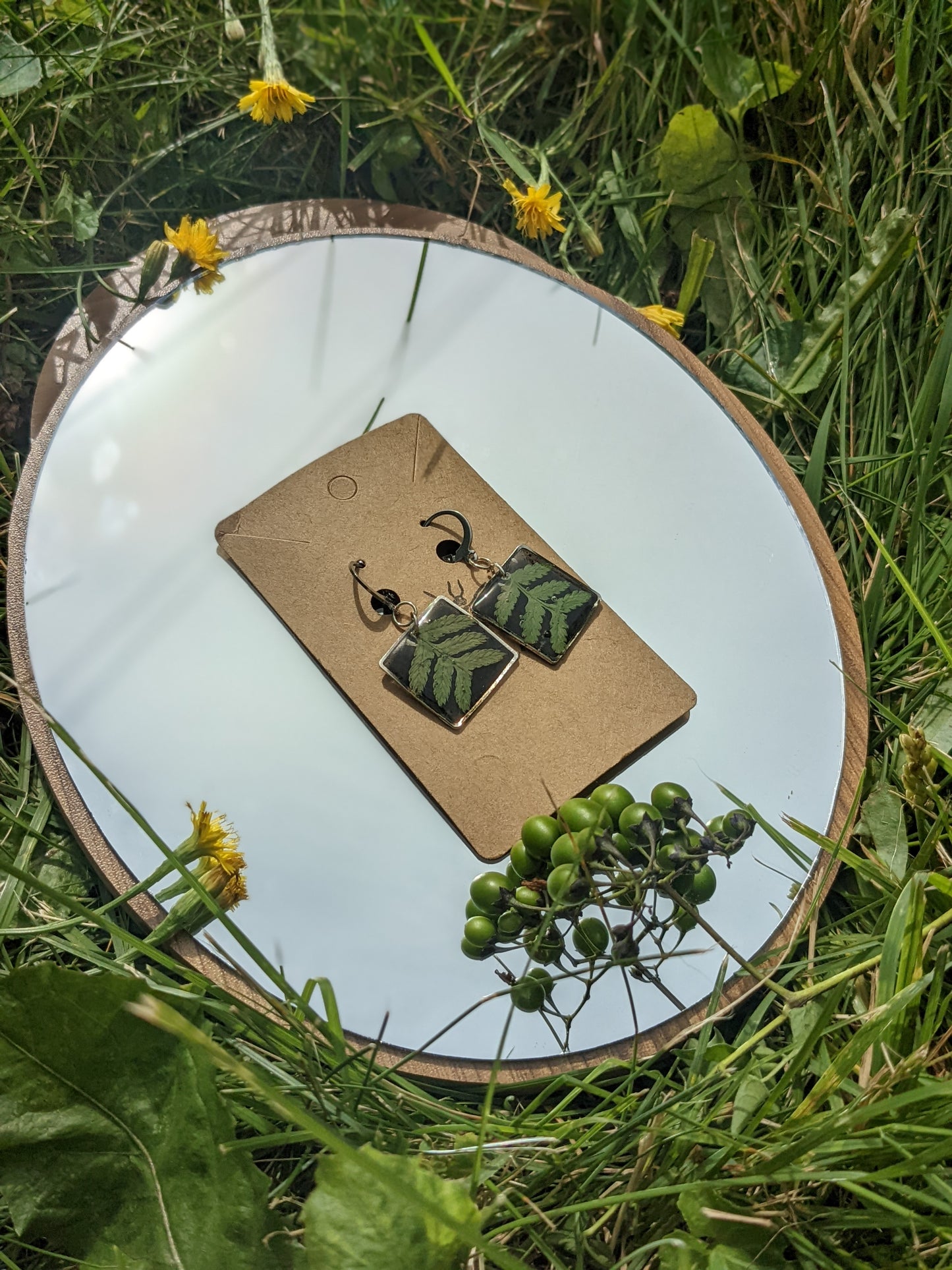 Boucles d'oreilles en véritable fougère sur fond noir